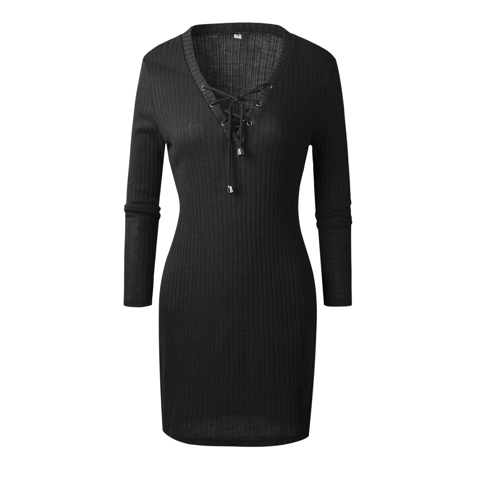 Autumn Winter Sexy V-Neck Lace Up Long Sleeve Dress