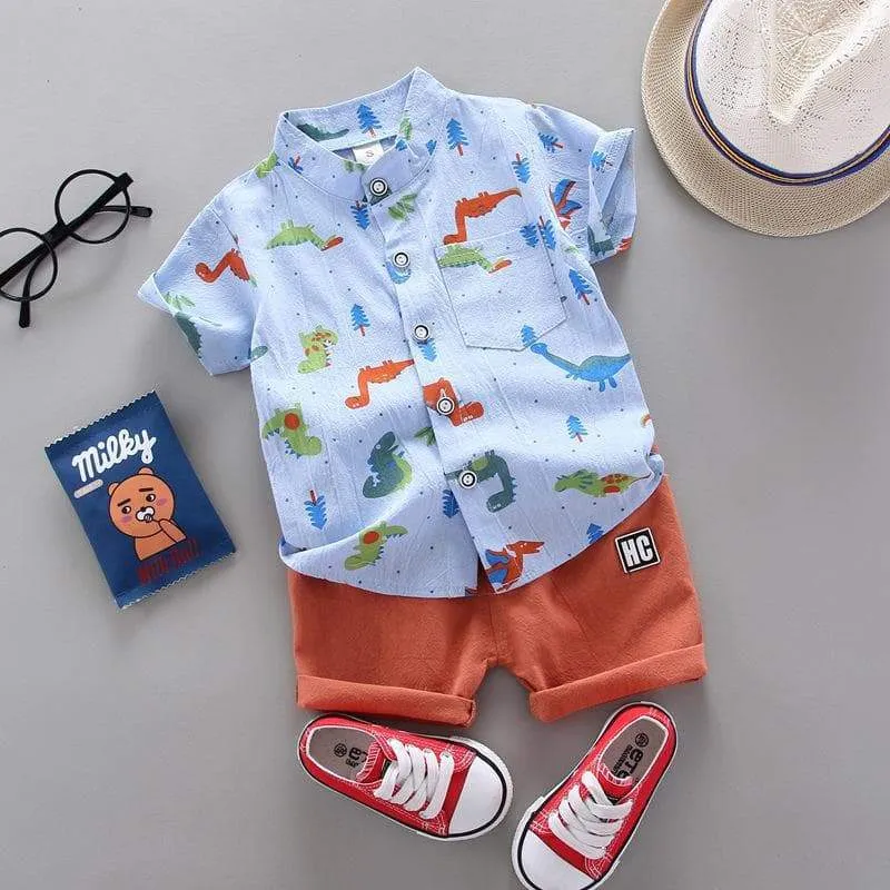 Baby Boy Animal & Dinosaur Print Vacation Shirt with Shorts Set (3 Colors)