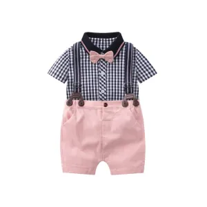 Baby Boy Plaid Short Sleeve Onesie   Suspender Pink Shorts Gentleman Suit