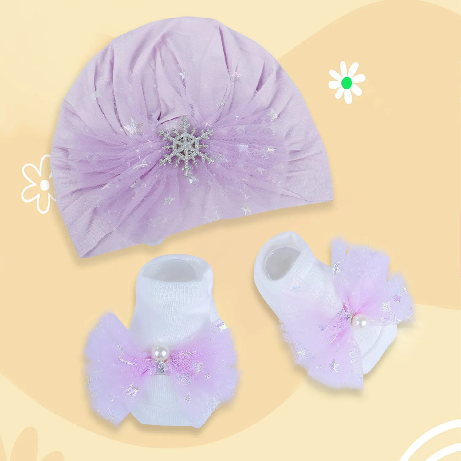 Baby Moo Elegant Pearl Matching Cap And Socks Set - Purple