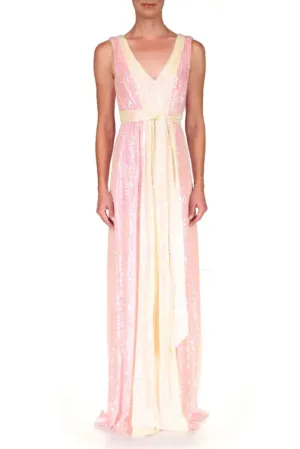 Badgley Mischka V-neck sleeveless tie waist zipper closure two-tone sequin gown