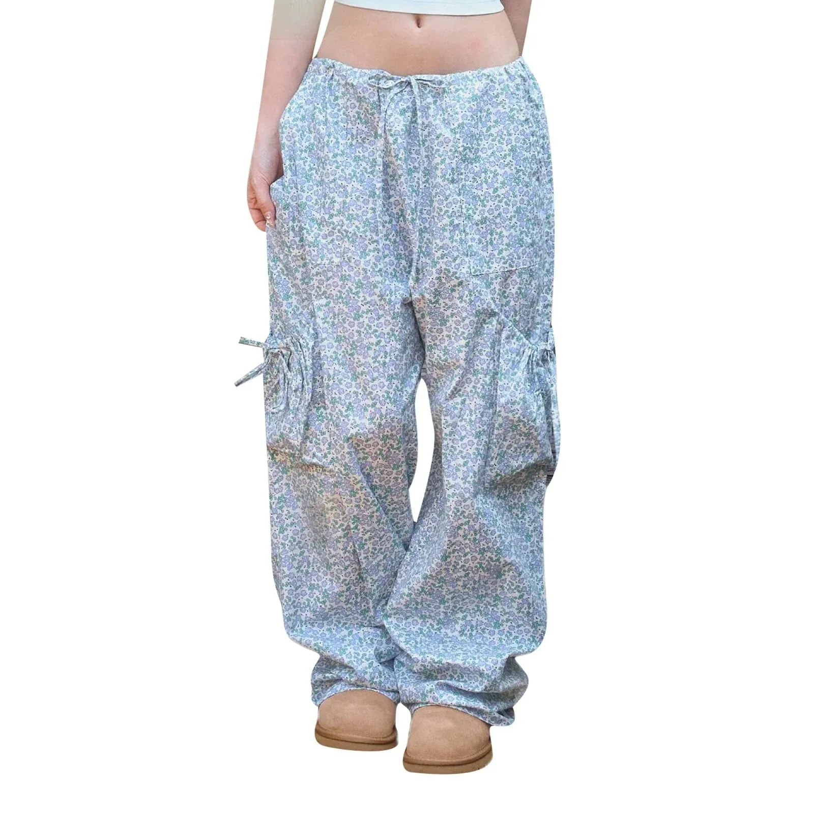 Baggy Cargo Floral Drawstring Wide Multiple Pockets Fashion Casual Pants