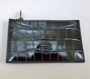 Balenciaga Black Patent Leather Card Case B Logo Croc Embossed Wallet Coin Holder