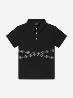 Balmain Boys Logo Tape Polo Shirt in Black