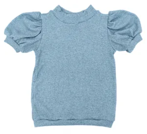 Basic Ribbed Sparkle Short Sleeve Puff Top