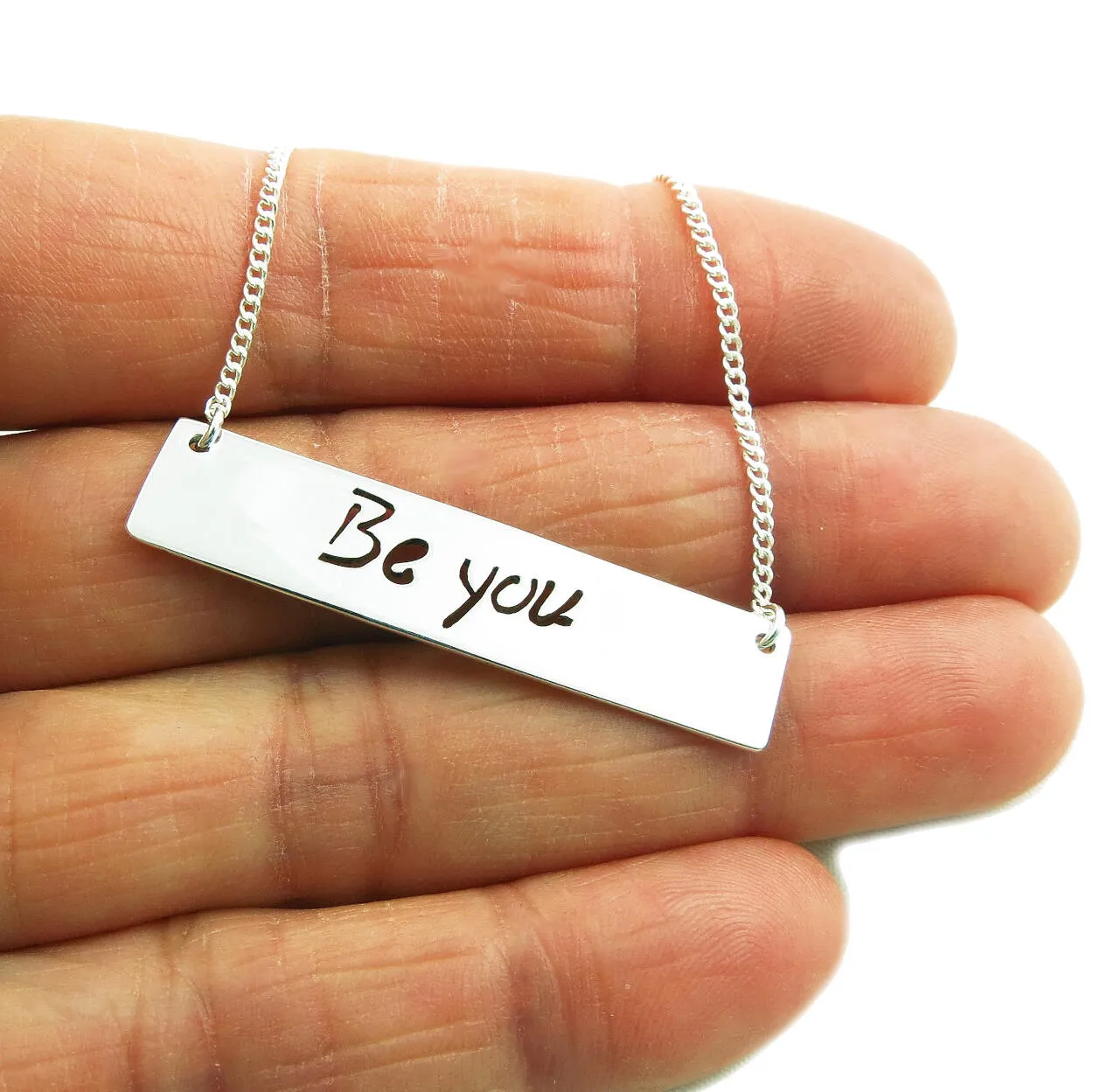 Be You 925 Sterling Silver Tag Bar Message Necklace