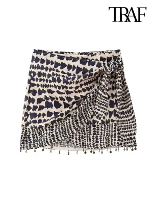 Beaded Print Wrap Mini Skirt