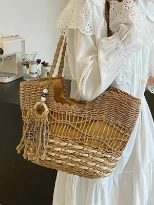 Beaded Tassel Accent Woven Tote Bag