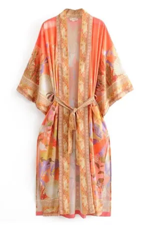 Beautiful Bohemian Style Orange Flower Crane Print Kimono