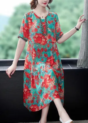Beautiful Red O-Neck Print Silk Party Dress Summer LY0970