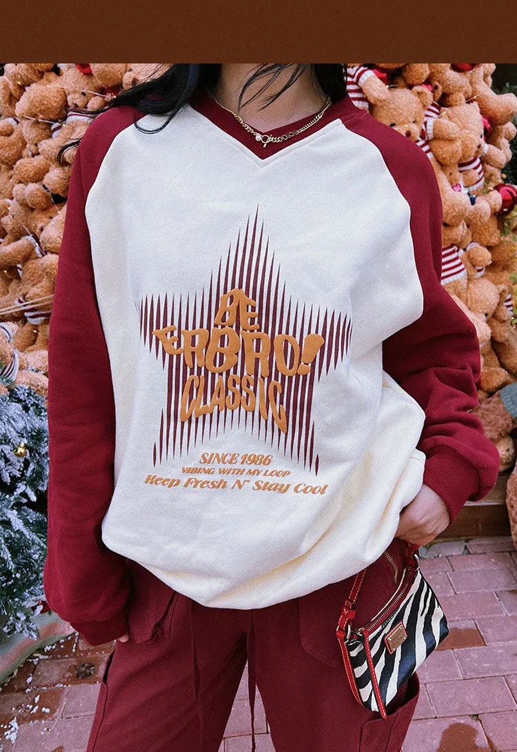 BEERBRO CLASSIC Star Graphic Image Print Patchwork Sweatshirt