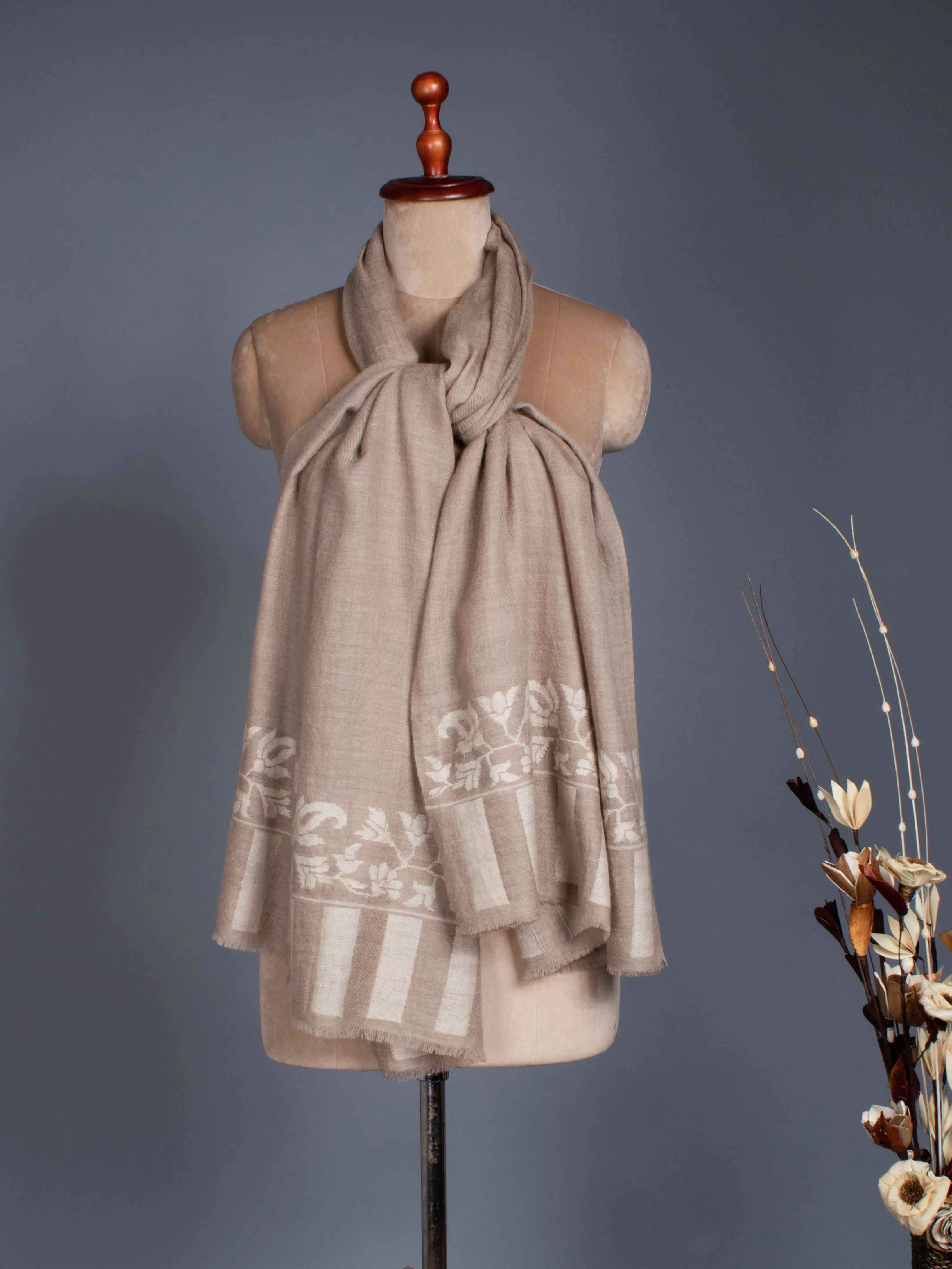 Beige and White Handmade Kani Cashmere Scarf