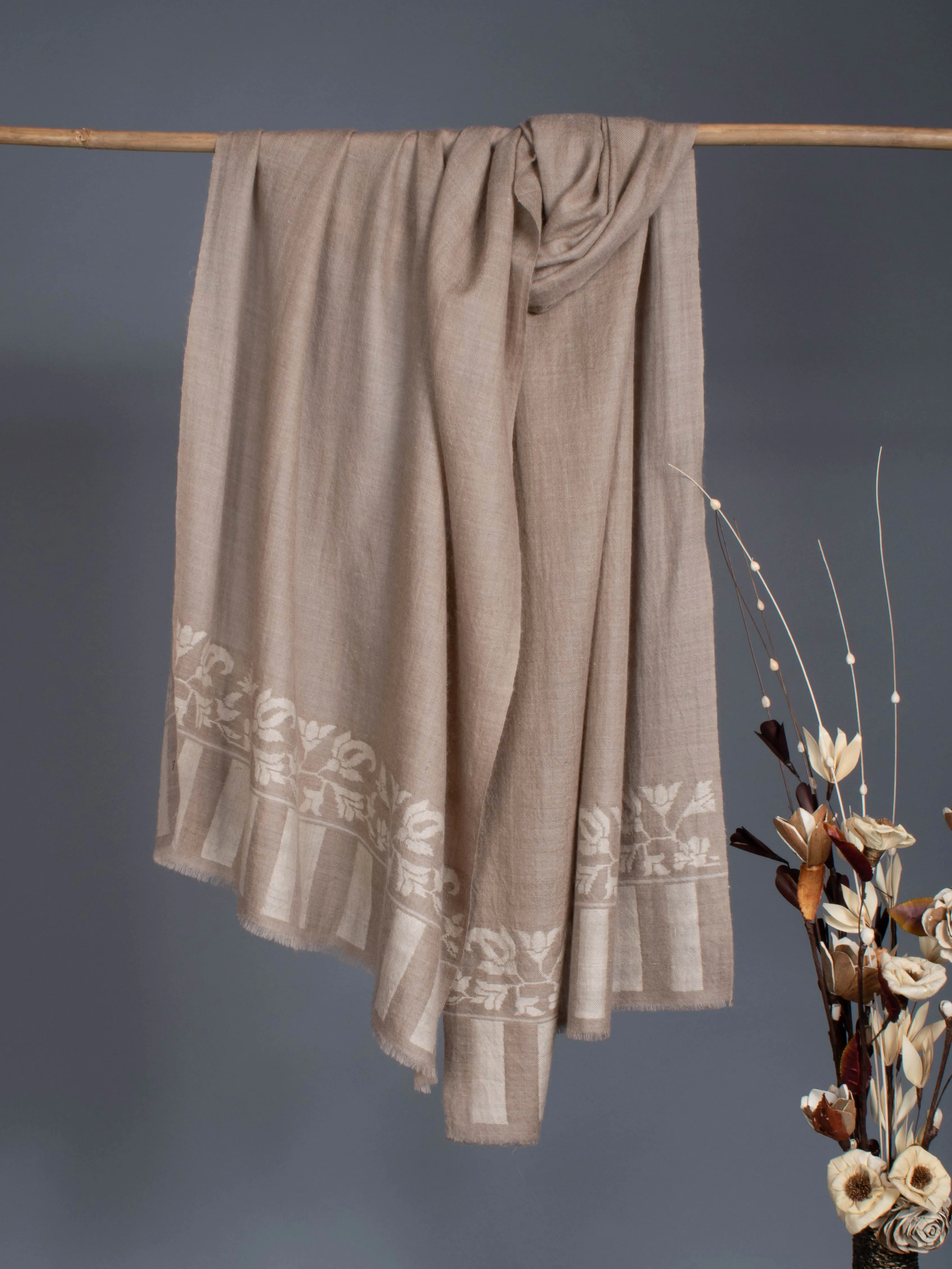 Beige and White Handmade Kani Cashmere Scarf