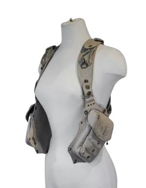 Beige Canvas Utility Harness with Lotus Flower Stitching