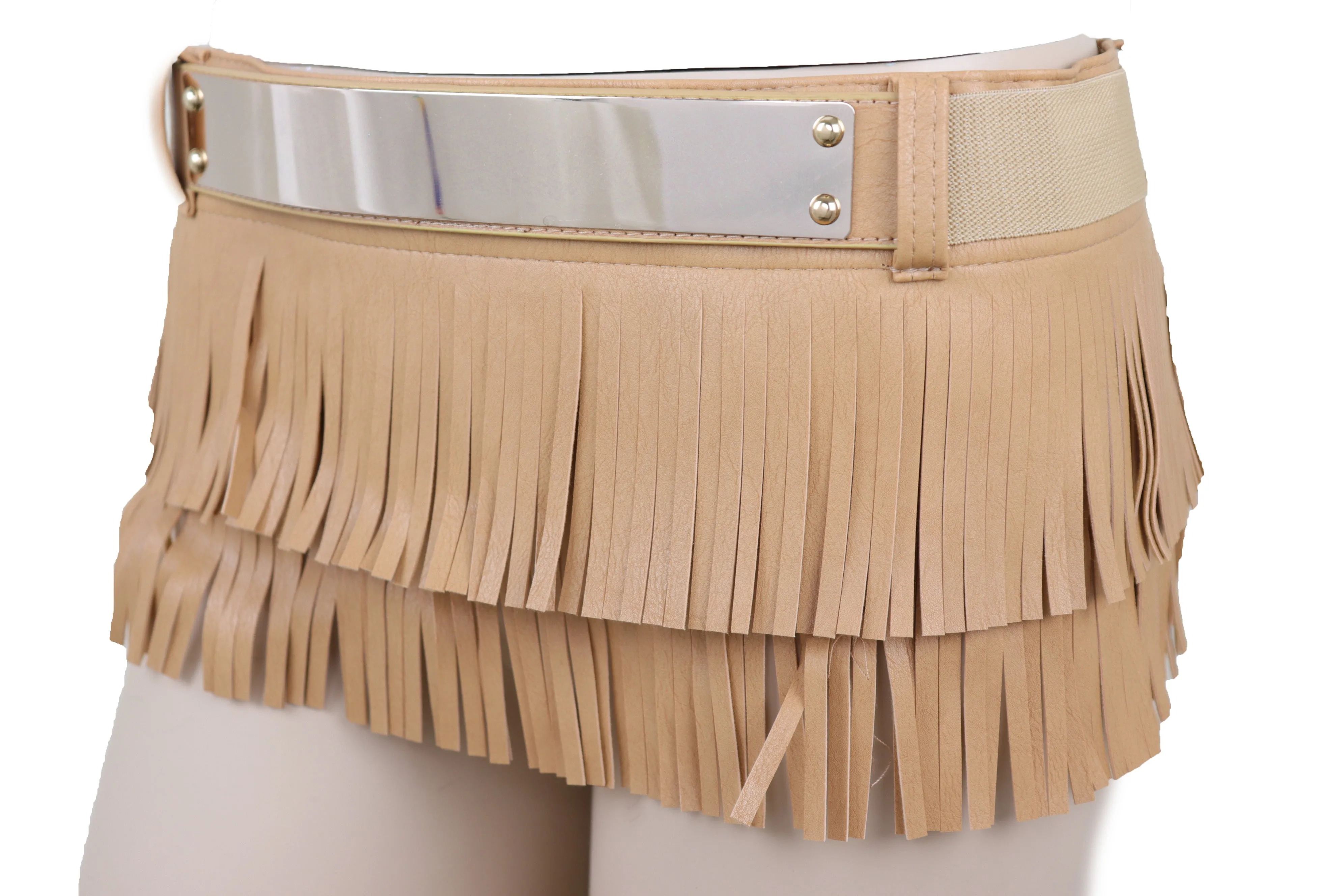 Beige Faux Leather Wrap Around Skirt Tie Fringes Belt Gold Metal Size S M