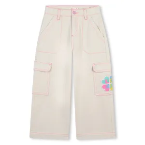 Beige Floral Denim Cargo Pants