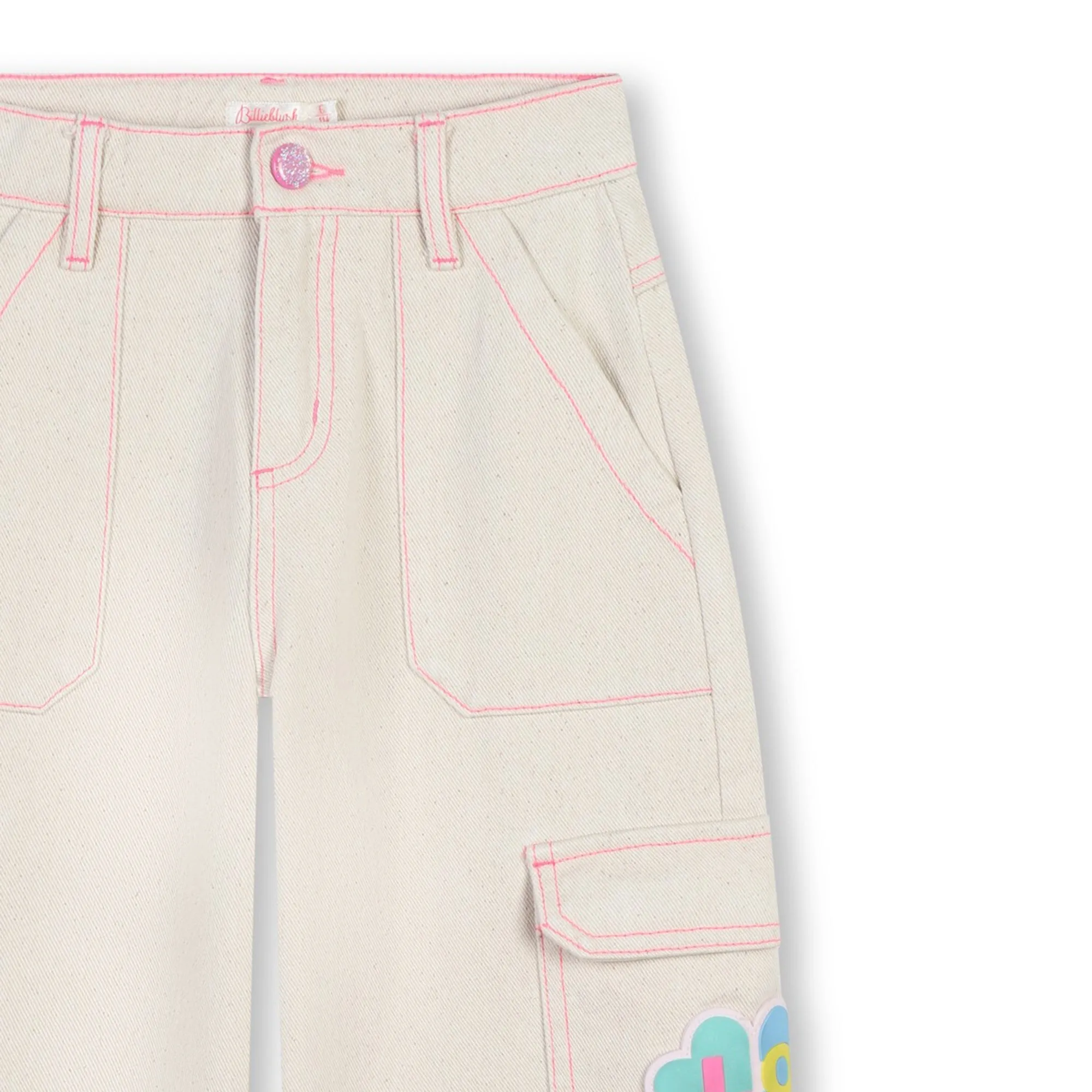 Beige Floral Denim Cargo Pants