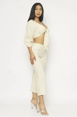 Beige Gingham Crop Top and Pants Set