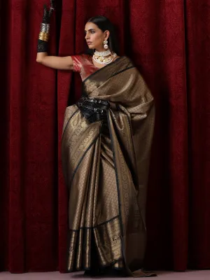Beige Jacquard Saree with Black Border with Blouse Fabric