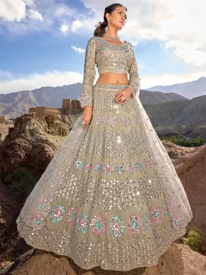 Beige Organza Embroidered Lehenga Choli