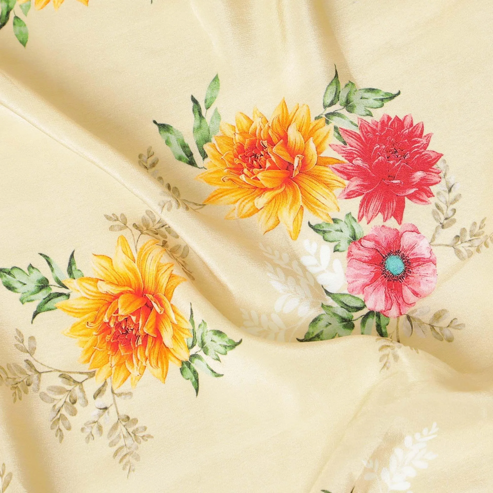 Beige premium pure silk crepe fabric with multicolor print in floral design-D9397