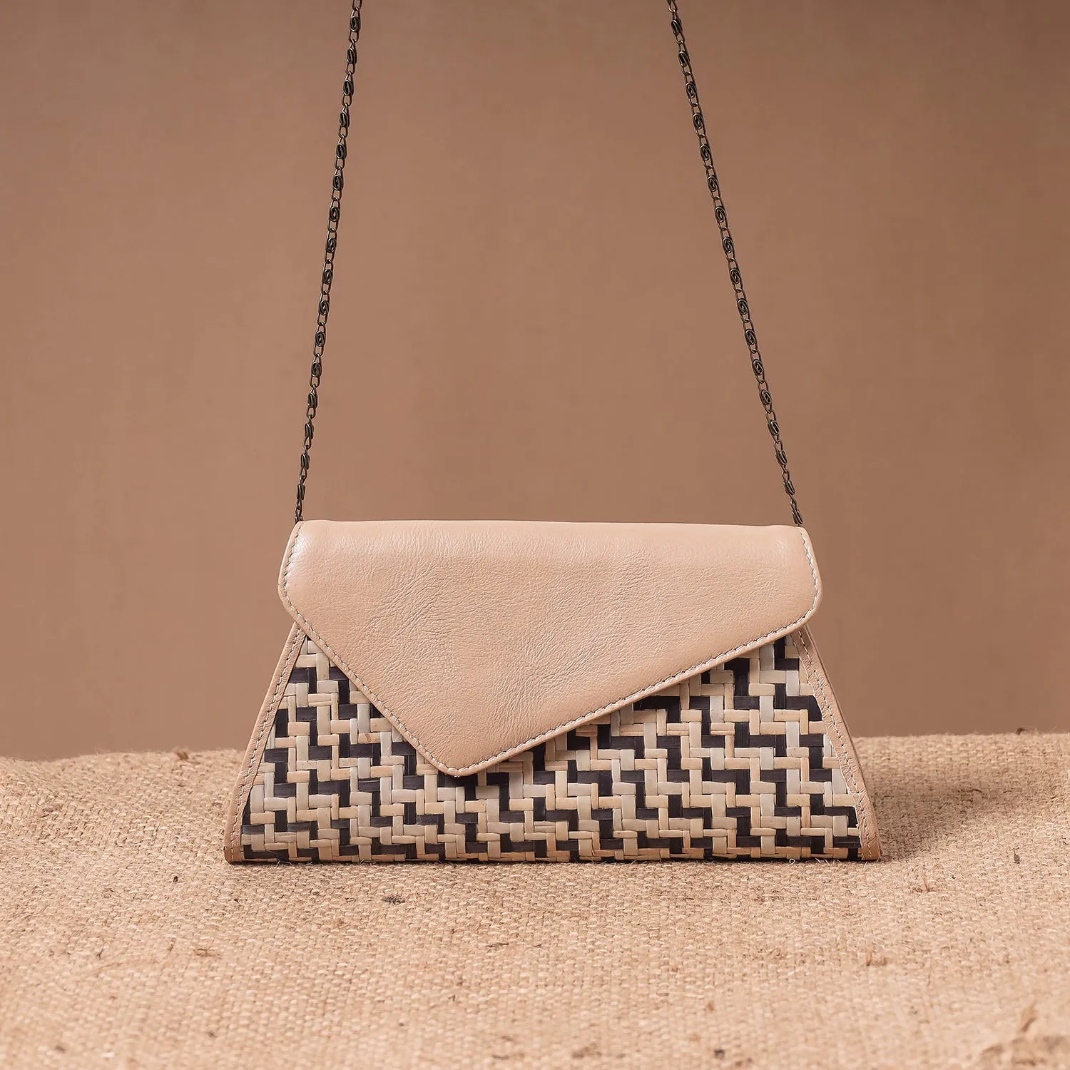 Beige - Sitalpati शीतल पाटी Grass Handwoven Sling Bag with Leather Flap
