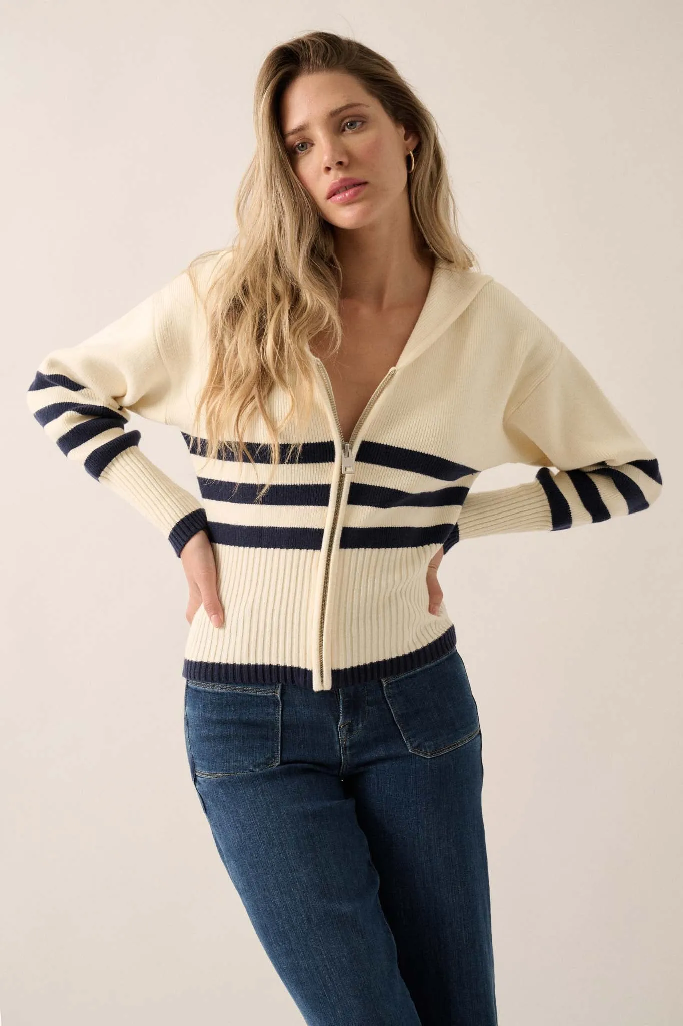 Below Deck Striped Sailor-Collar Zip-Up Cardigan