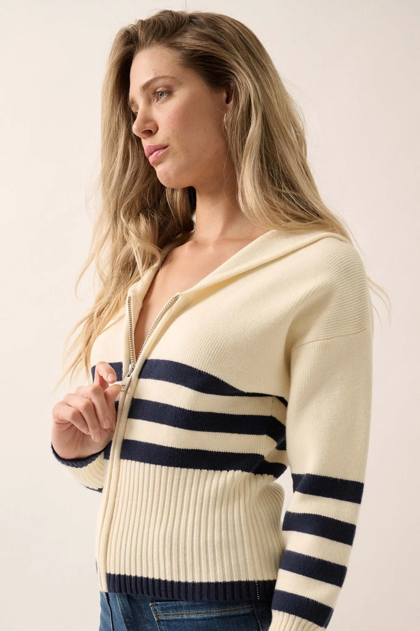 Below Deck Striped Sailor-Collar Zip-Up Cardigan