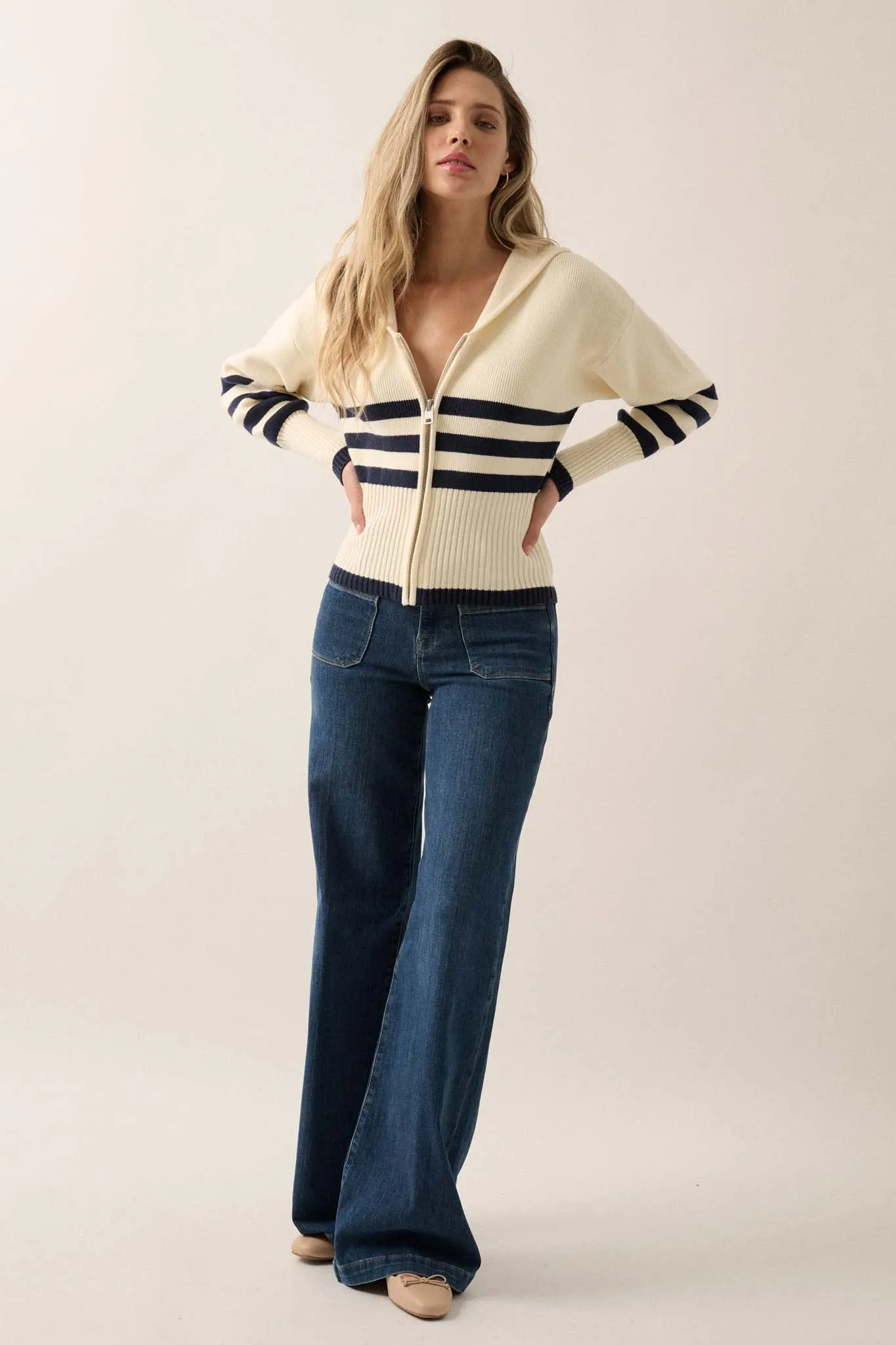 Below Deck Striped Sailor-Collar Zip-Up Cardigan