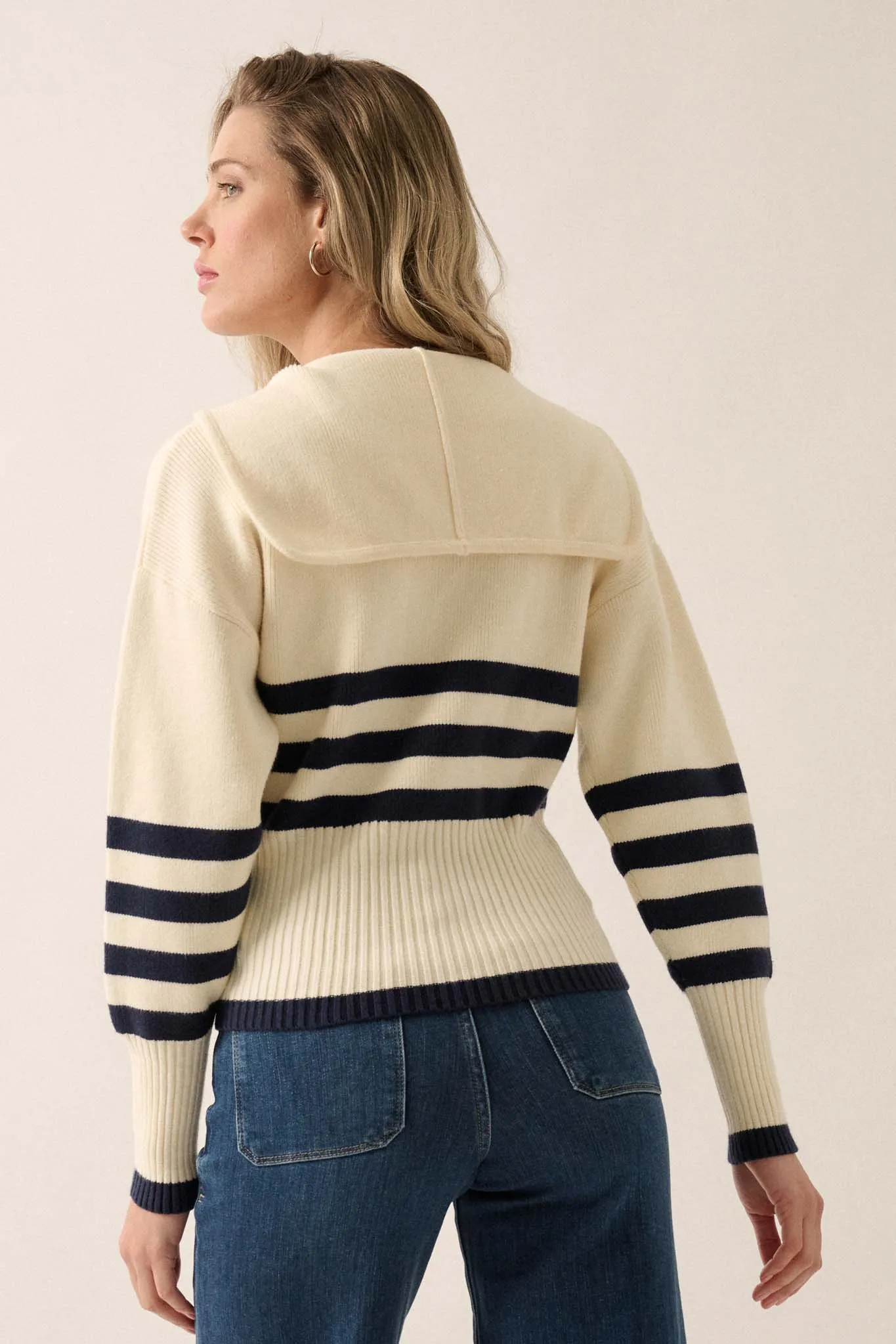 Below Deck Striped Sailor-Collar Zip-Up Cardigan