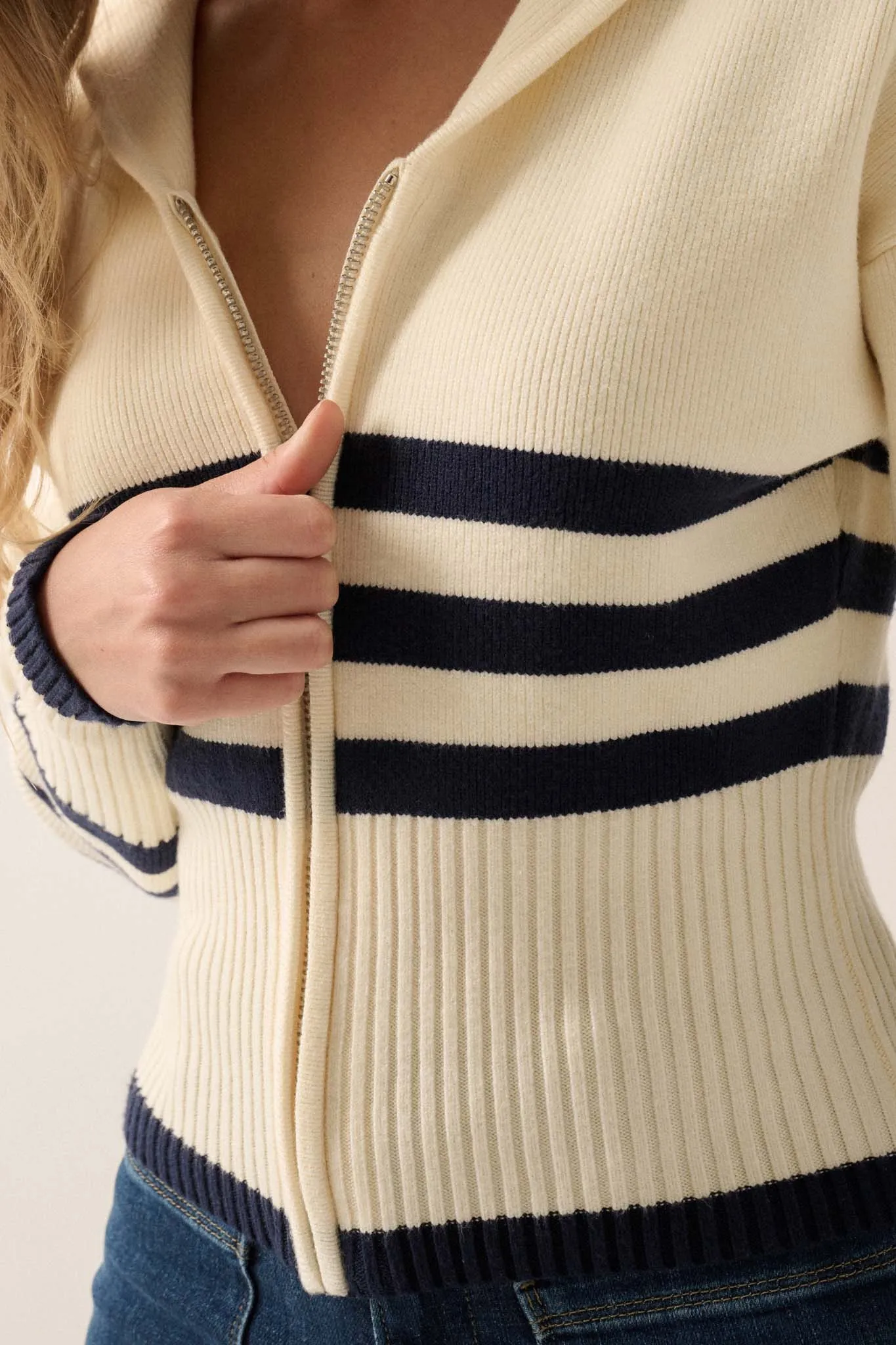 Below Deck Striped Sailor-Collar Zip-Up Cardigan