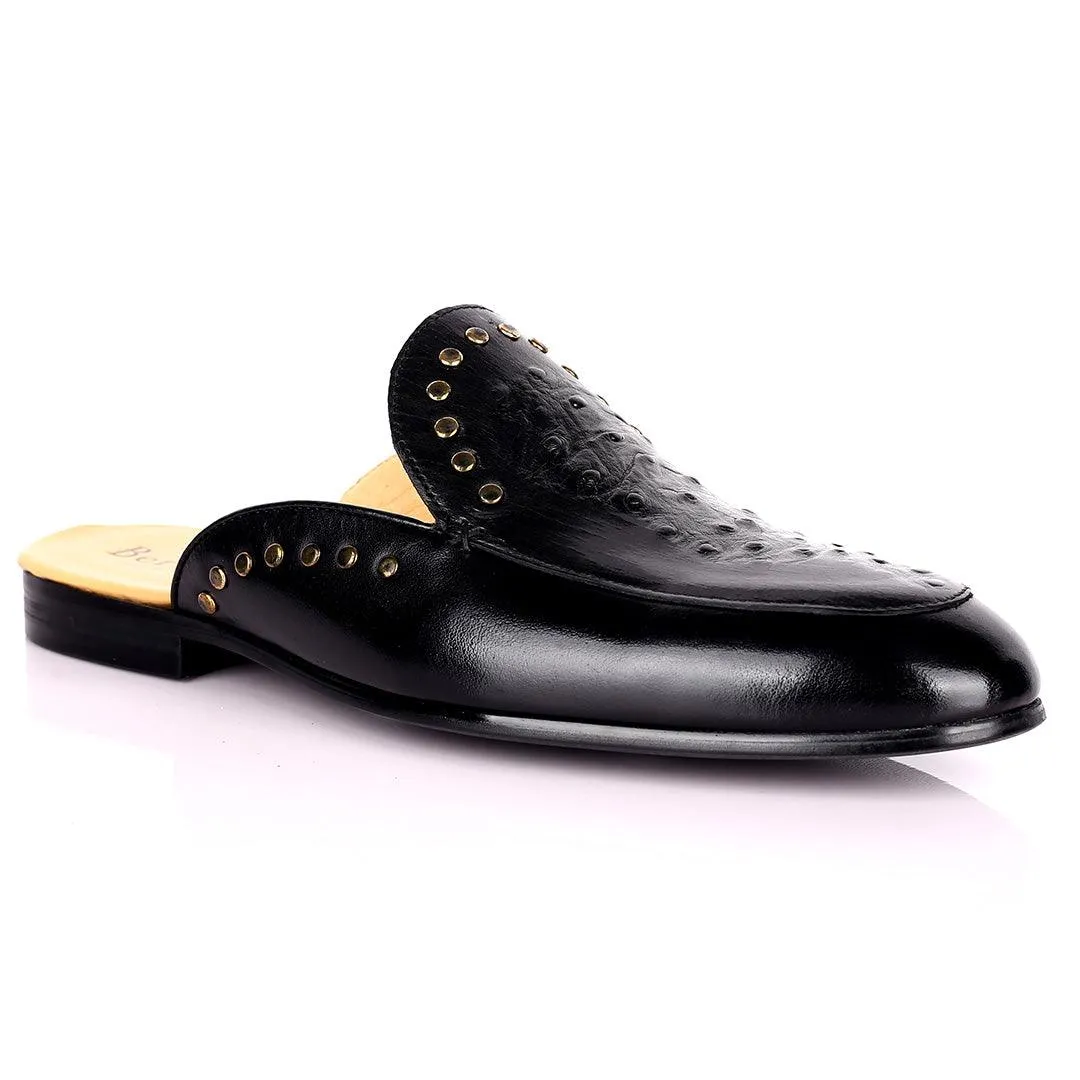 Berlut Elegant Gold Dotted Designed Black Half Leather Shoe