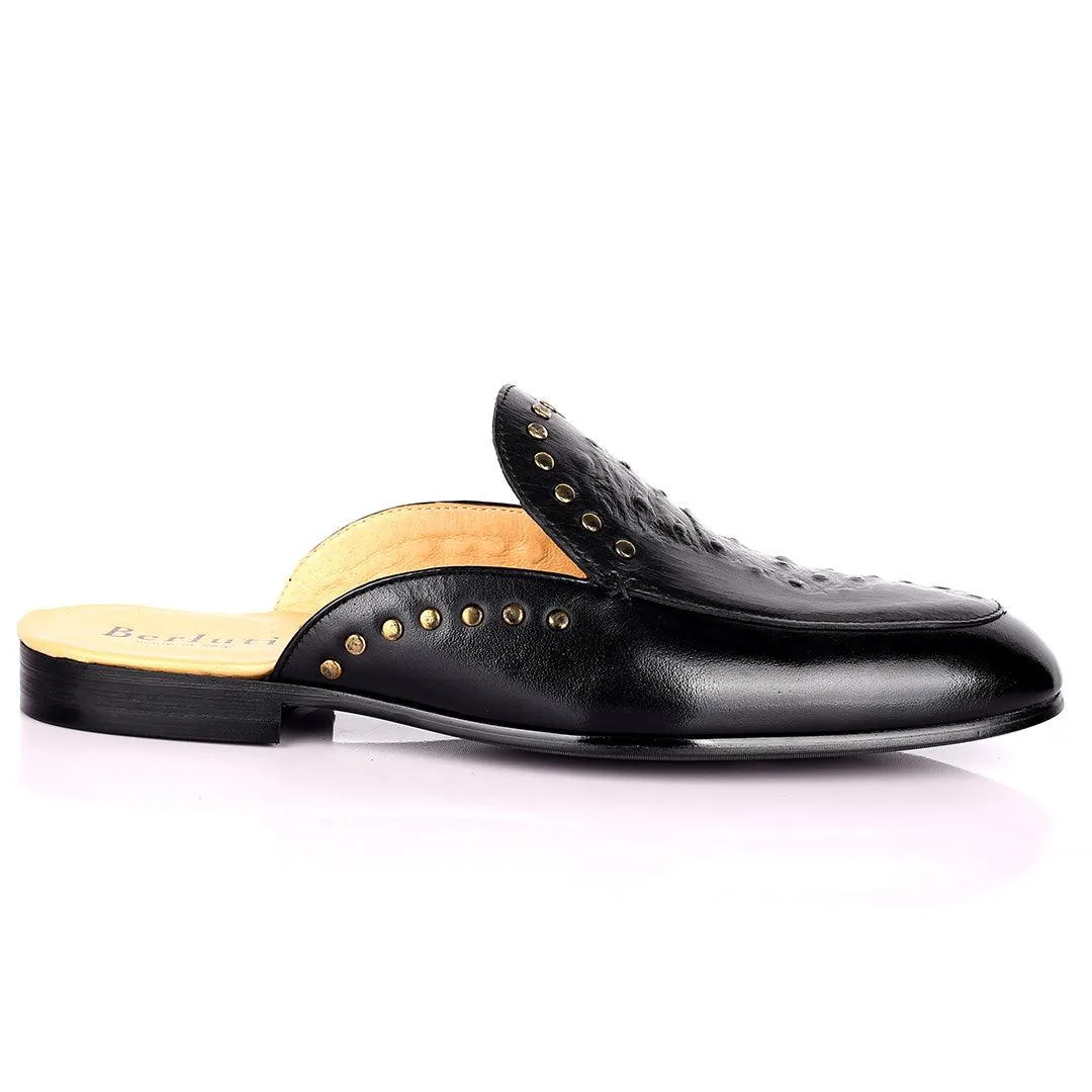 Berlut Elegant Gold Dotted Designed Black Half Leather Shoe