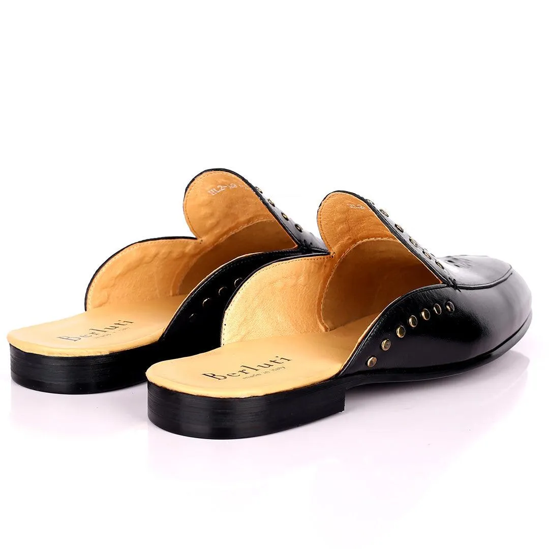Berlut Elegant Gold Dotted Designed Black Half Leather Shoe