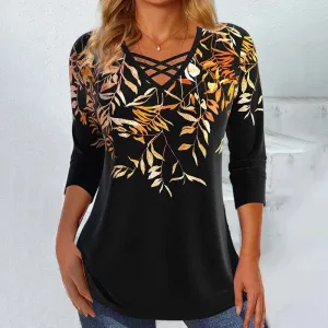 BerryBetty - Casual Leaf Print Blouse