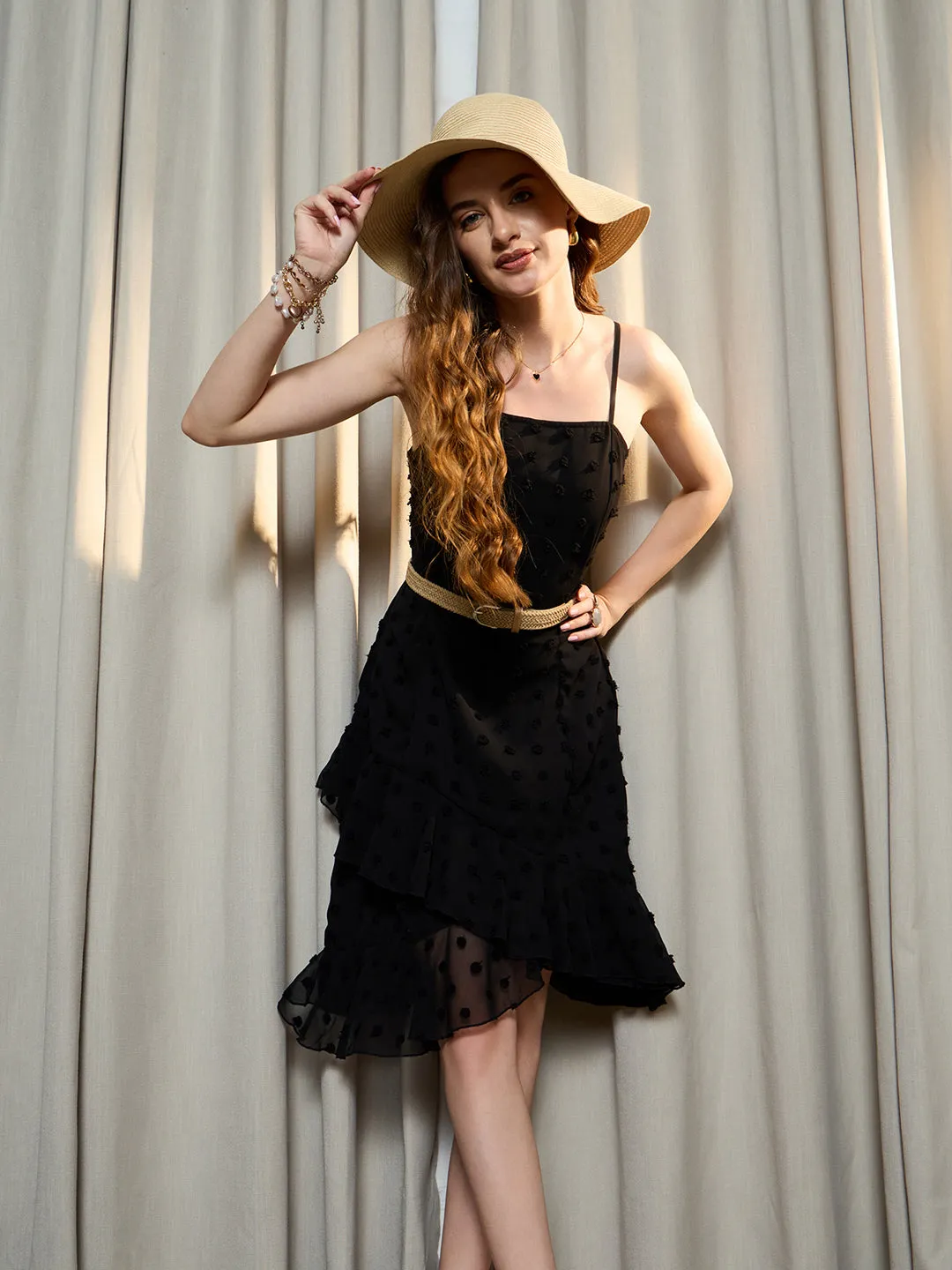 Berrylush Women Black Solid Shoulder Straps Fit and Flare Mini Dress