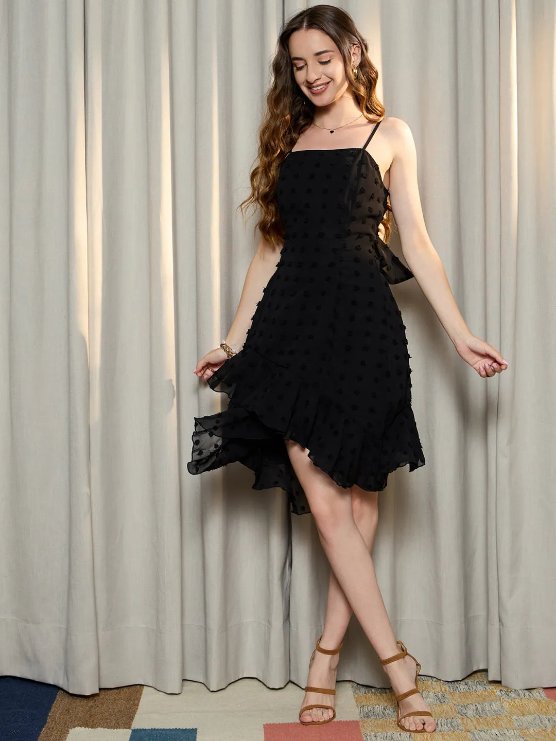 Berrylush Women Black Solid Shoulder Straps Fit and Flare Mini Dress