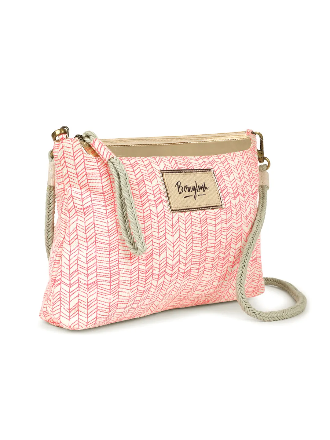Berrylush Women Pink & White Geometric Printed Canvas Detachable Sling Strap Small Clutch/Sling Bag