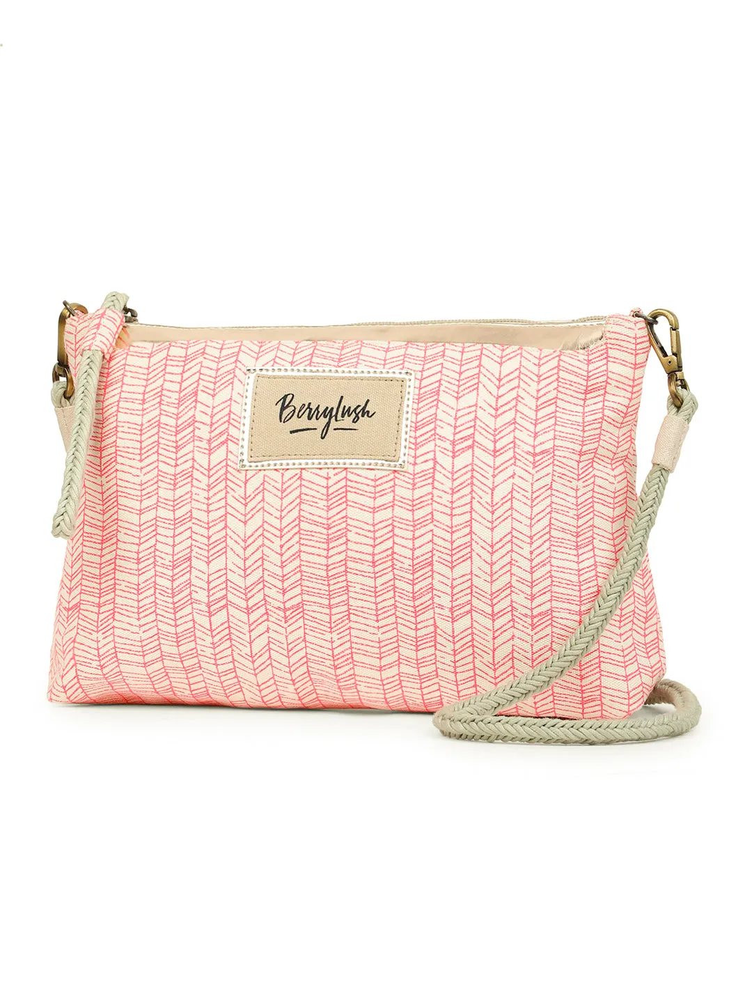 Berrylush Women Pink & White Geometric Printed Canvas Detachable Sling Strap Small Clutch/Sling Bag