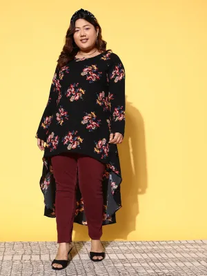 Berrylush Women Plus Size Black & Orange Floral Printed Boat Neck Long Sleeve High-Low Hem Longline Top