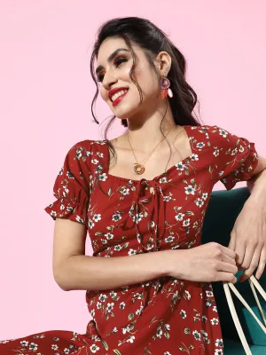 Berrylush Women Red & White Floral Printed Sweetheart Neck Tie-Up Front Crepe Fit & Flare Mini Dress