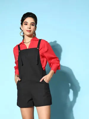 Berrylush Women Solid Black Square Neck Sleeveless Snap-Up Twofer Mini Dungarees