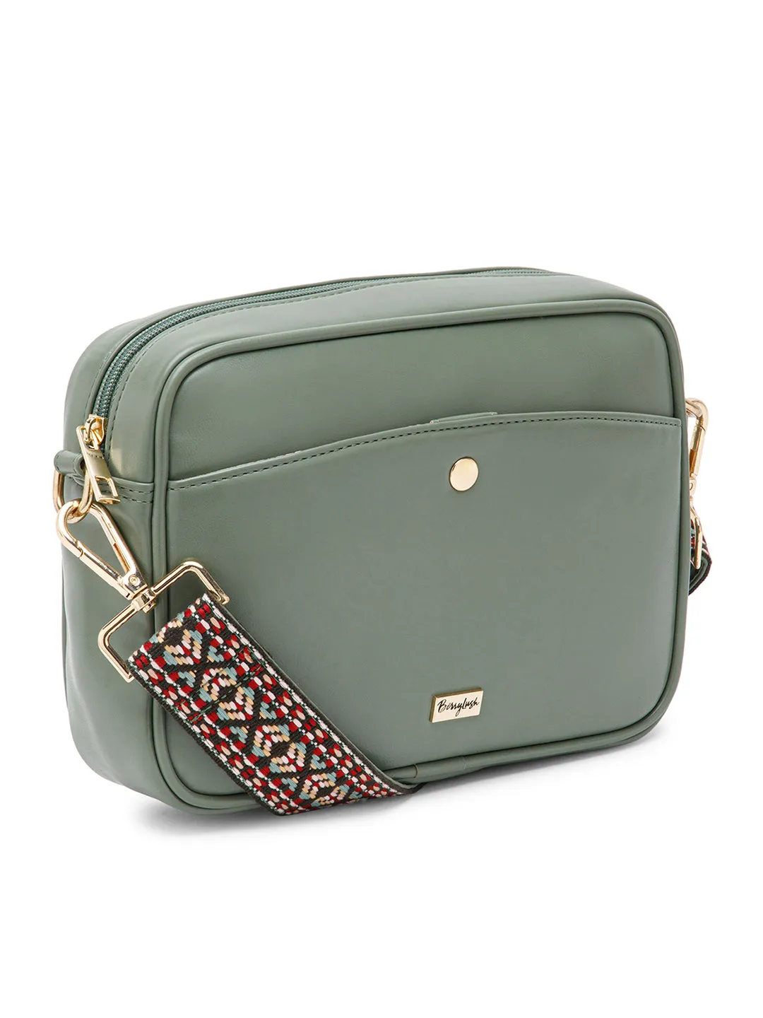 Berrylush Women Solid Green Synthetic Leather Geometric Detachable Strap Zipper-Up Embellished Sling Bag