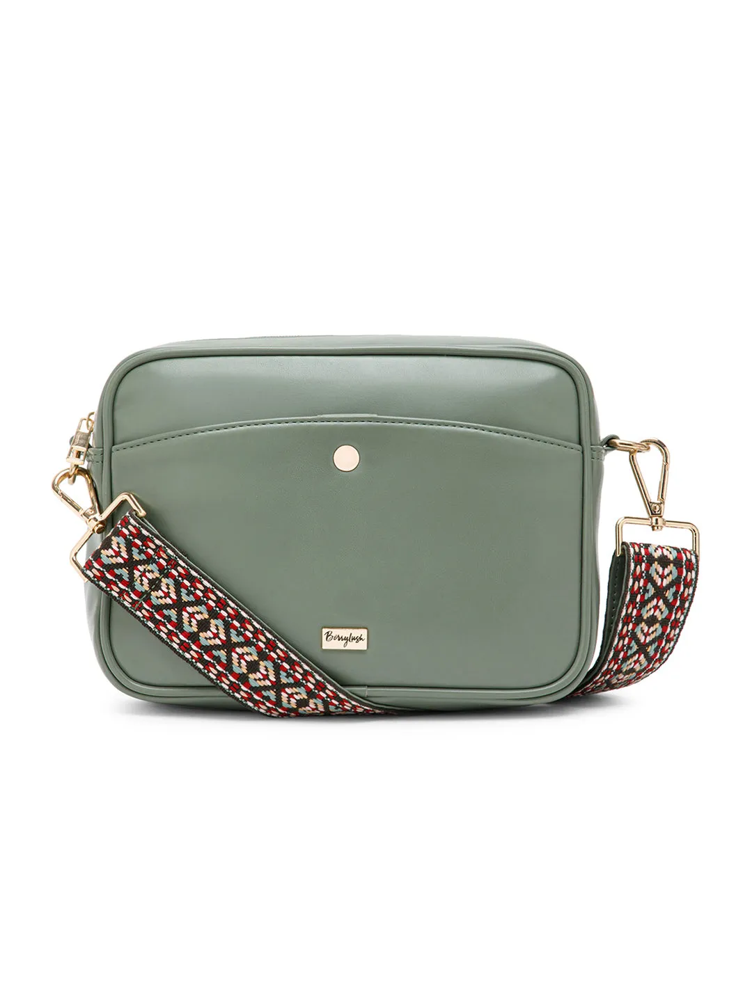 Berrylush Women Solid Green Synthetic Leather Geometric Detachable Strap Zipper-Up Embellished Sling Bag