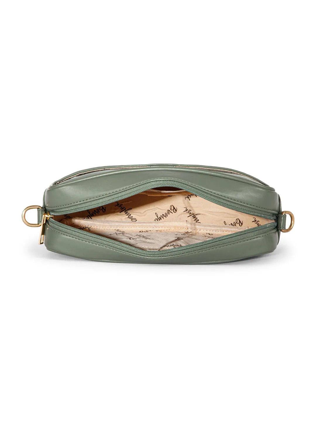 Berrylush Women Solid Green Synthetic Leather Geometric Detachable Strap Zipper-Up Embellished Sling Bag