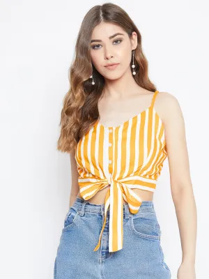 Berrylush Women Yellow & White Striped Print V-Neck Waist Tie-Up Cropped Top