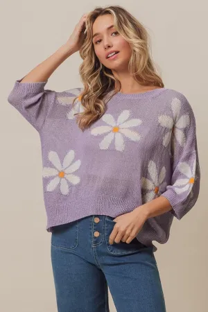 BiBi Floral Pattern Slit Sweater in Lavender and Ivory