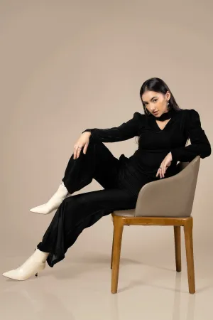 Black Choker Neck Velvet Co-Ord Set For Women