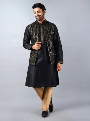 Black Embroidered Regular Fit Kurta Set with Jacket | TULA