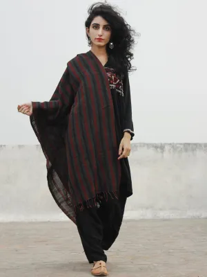 Black Grey Maroon Striped Cashmere Fine Woolen Stole - S6317198